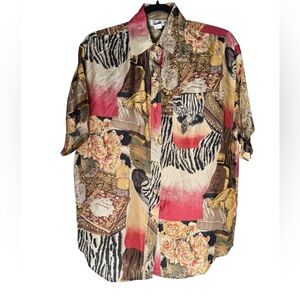 VTG 90s JMJ 100% Silk Button down shirt women’s Small Safari Floral Animal Print